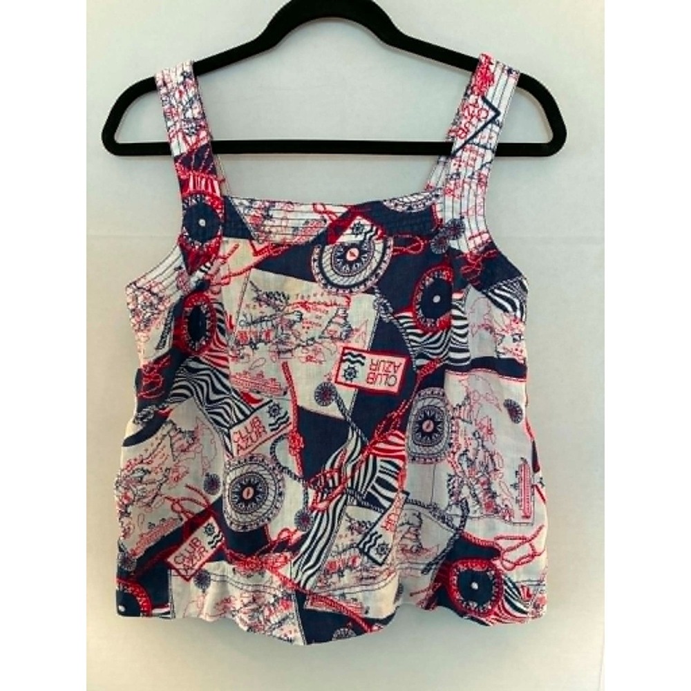 Talbots Womens M Linen Tank Top Nautical‎ Coastal Print Red Blue Sleeveless
